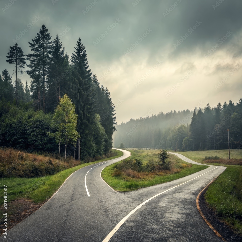 Naklejka premium Misty Forest Road Fork Winding Asphalt Path, Green Landscape, Decision Concept, Nature Photography Road Trip, Choice
