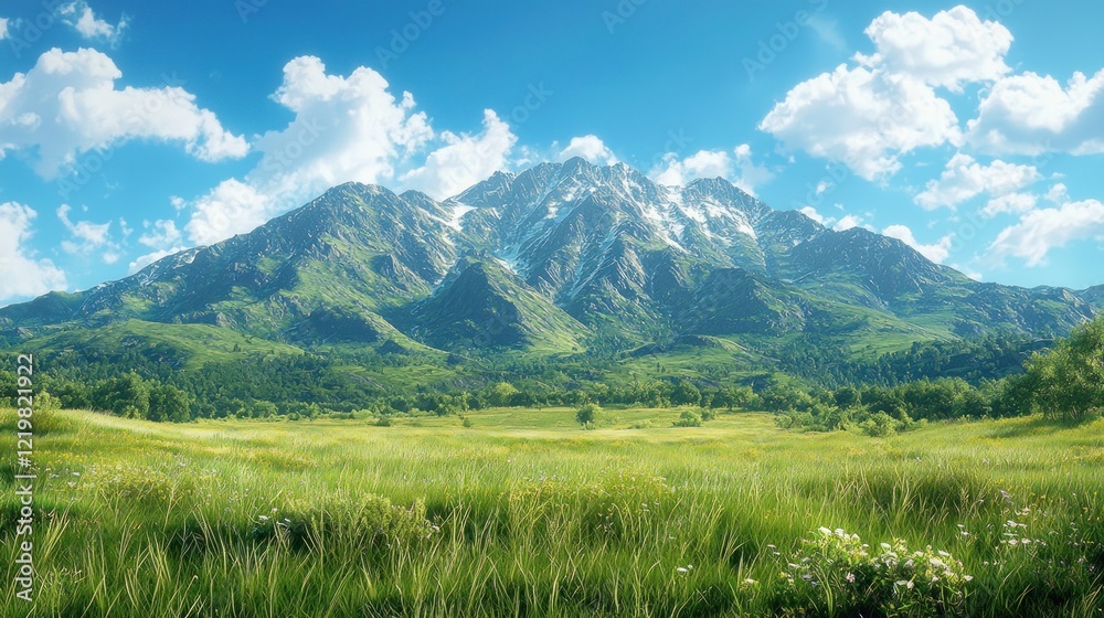 Fototapeta premium Majestic snow-capped mountain range behind lush green meadow under a vibrant blue sky.