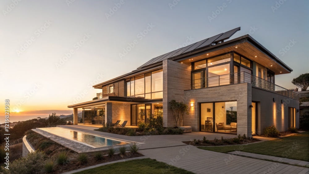 Naklejka premium Sunset Modern Villa Architectural Photography, Stone Facade, Infinity Pool, Wide Angle Composition, Coastal Landscape Luxury Home, Architecture Photography