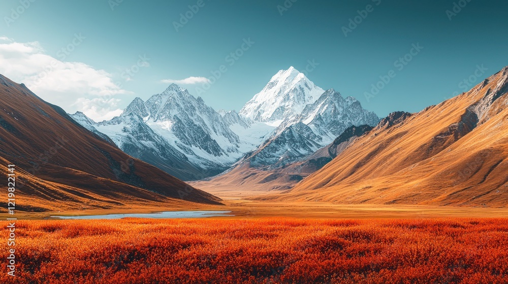 Obraz premium Majestic snow-capped mountain range with autumn meadow and lake.