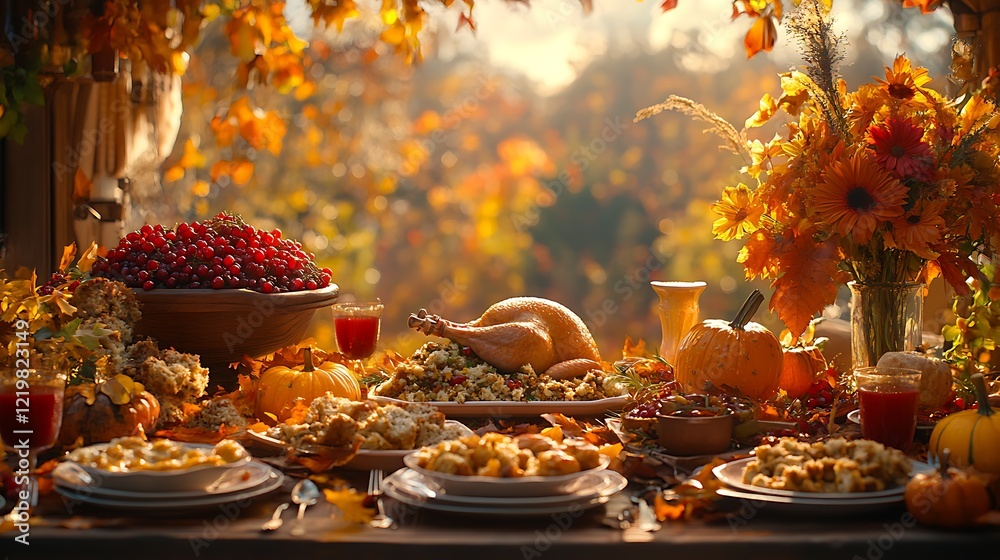 Cozy Holiday Table Display with Thanksgiving Dinner and Seasonal Flowers for Celebrations Photo Cozy Holiday Table Display with Thanksgiving Dinner and Seasonal Flowers for Celebrations Photo