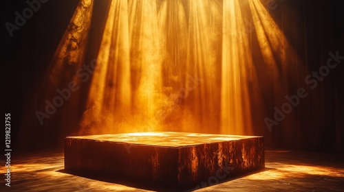 Atmospheric image of a rectangular altar, enveloped in ethereal golden light, creates a mysterious and majestic ambiance, inspiring awe and reverence. photo
