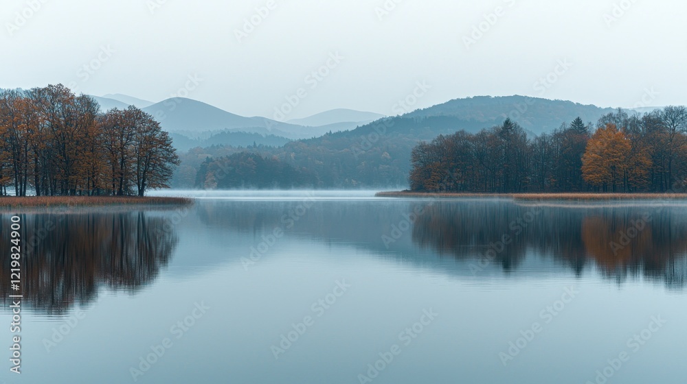 Misty autumn lake reflecting trees and hills. Misty autumn lake reflecting trees and hills.