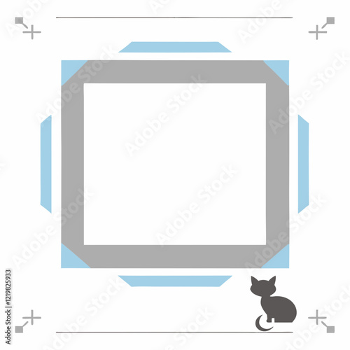 Stylized square frame with decorative accents and a cute cat wearing a crown on a blank background for copy space
