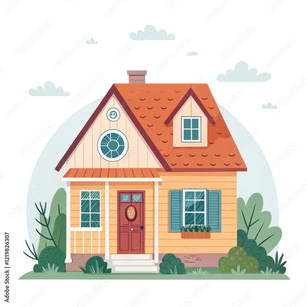 Fototapeta premium Cute Yellow House Illustration Front View, Flat Design, Home Sweet Home, House Illustration House design, Home illustration