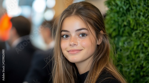 Wallpaper Mural Natural Beauty with Freckles, Smiling Young Woman, Casual Elegance, Vibrant Background, Radiant Skin, Confident Pose, Captivating Portrait, Contemporary Lifestyle, Close-Up Detail. Torontodigital.ca