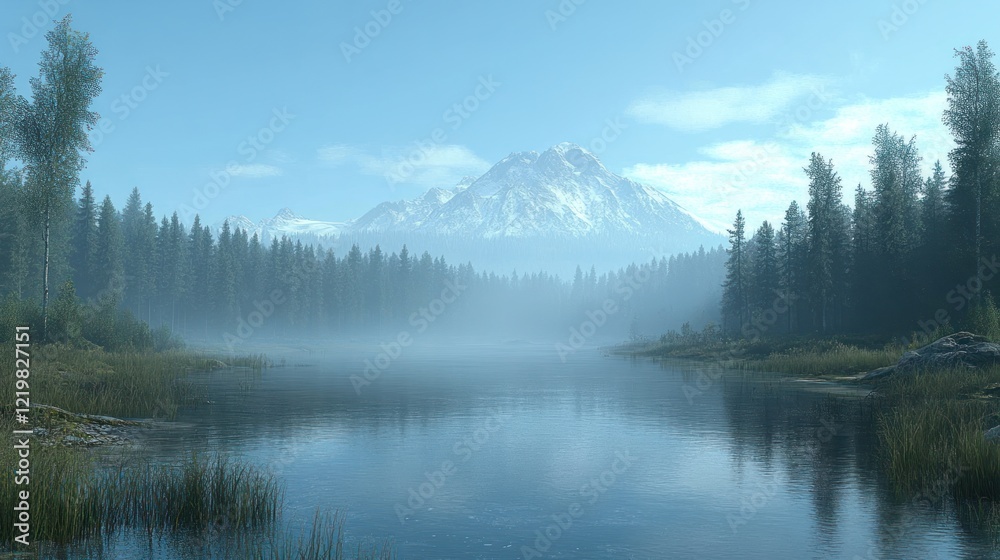 Misty lake reflects snowy mountain, serene forest scene. Misty lake reflects snowy mountain, serene forest scene.