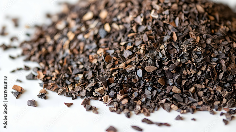 Close-up of cocoa nibs pile on white background Close-up of cocoa nibs pile on white background