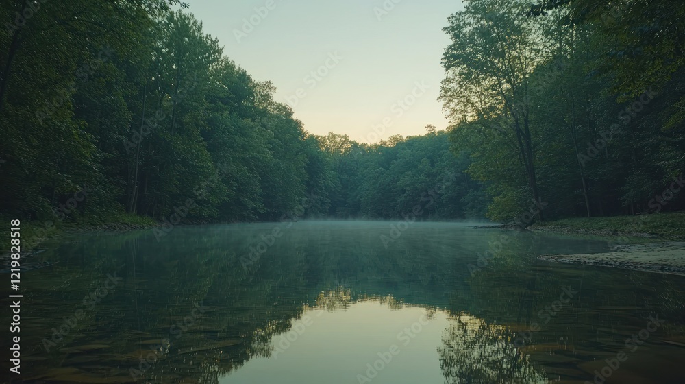 Obraz premium Misty sunrise over a calm lake surrounded by lush green trees.