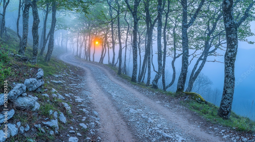 Obraz premium Misty sunrise on a winding forest road.