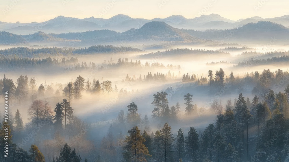 Obraz premium Misty sunrise over a valley of pine forests and distant mountains.