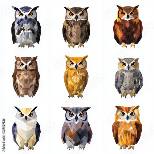 Geometric Owl Collection: Nine unique owl illustrations, each rendered in a distinct geometric style, showcasing a vibrant palette of colors and intricate patterns. photo