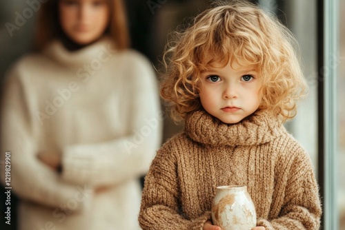 A child holding a broken vase, looking down with a guilty expression as their parent stands nearby with arms crossed