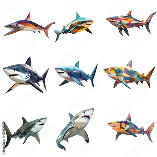 Shark Variety Pack: An eye-catching collection of nine different shark species, showcasing their unique patterns and body forms.  Perfect for educational purposes,  or inspiring artistic endeavors. photo