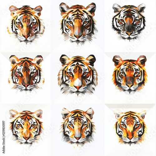 Tiger Faces: A bold and striking digital artwork featuring a captivating arrangement of nine tiger faces. photo