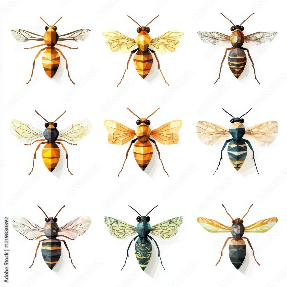 Bee Collection: Nine realistic bee illustrations, capturing the intricate detail and vibrant colors of these fascinating creatures. Each bee is depicted with its wings spread wide. Bee Collection: Nine realistic bee illustrations, capturing the intricate detail and vibrant colors of these fascinating creatures. Each bee is depicted with its wings spread wide.