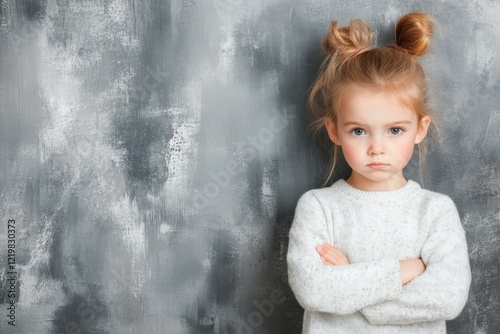 A child standing in a corner with their arms crossed and head hanging low, their expression reflecting guilt and shame photo