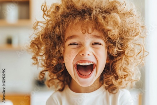 A close-up of a child with their mouth wide open in laughter, their eyes squinting with pure joy at something amusing