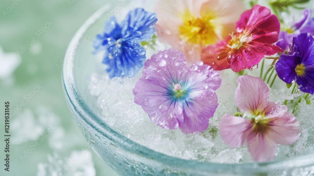 Colorful Edible Flowers on Ice - Summer Refreshment and Decor Concept Colorful Edible Flowers on Ice - Summer Refreshment and Decor Concept