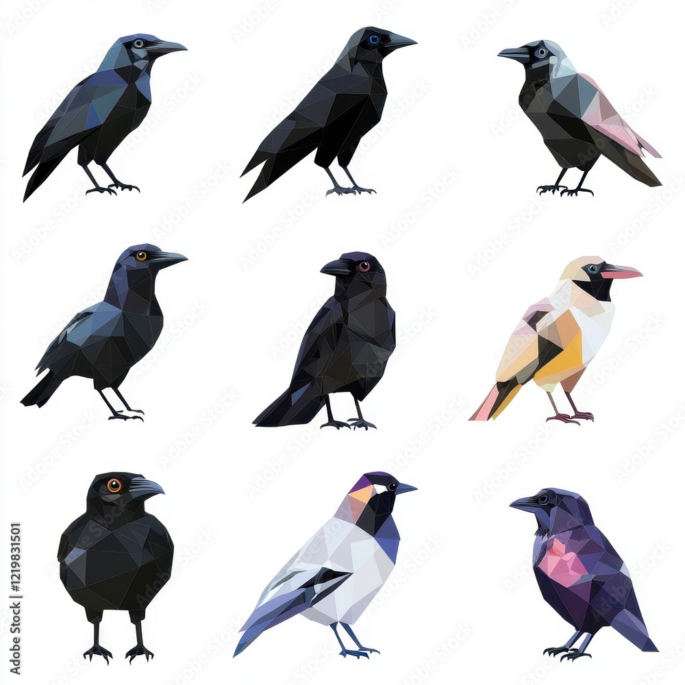 Fototapeta premium Geometric Avian Collection: A striking collection of nine crows and other birds rendered in a minimalist, geometric style.