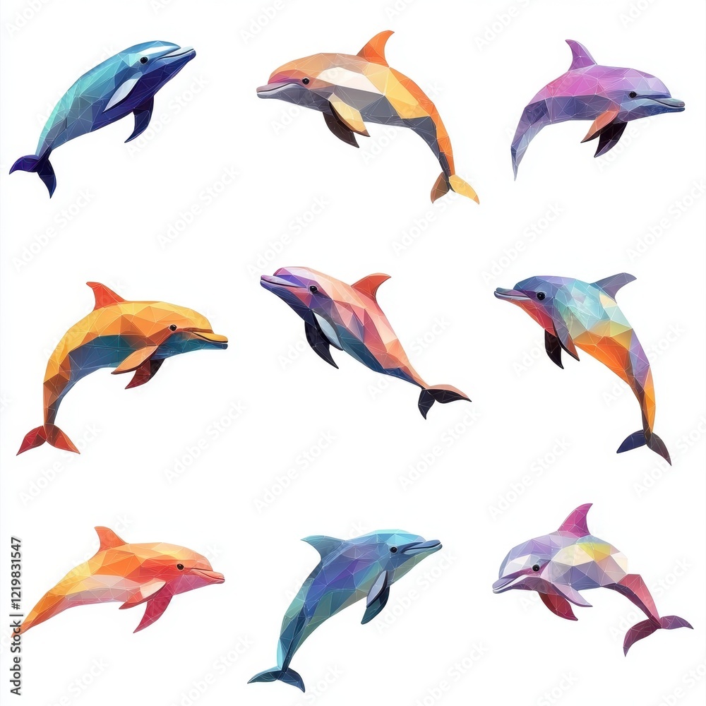 Obraz premium Geometric Dolphins Collection: Nine vibrant, low-poly dolphins in various poses and colors leap and swim, creating a dynamic and playful underwater scene.