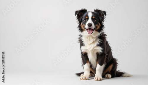 A detailed full-body depiction of a Border Collie puppy sitting down on a clean, simple background, fluffy fur, intelligent eyes, playful, black and white markings, adorable, cute, charming, dog