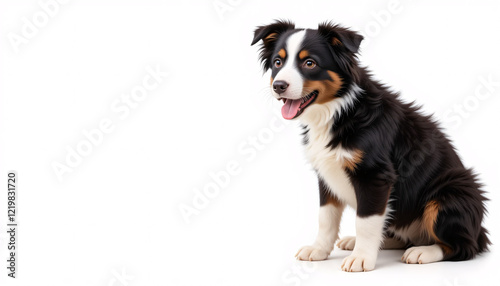 A detailed full-body depiction of a Border Collie puppy sitting down on a clean, simple background, fluffy fur, intelligent eyes, playful, black and white markings, adorable, cute, charming, dog