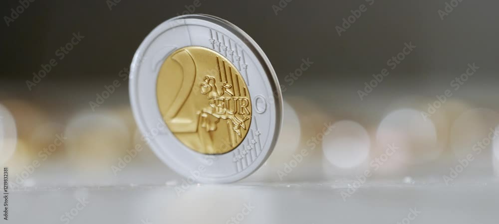 Two euro coin spinning around on a table. Wealth, investment and money. Close up of a single coin that stops spinning in focus. Slow motion video in 4k