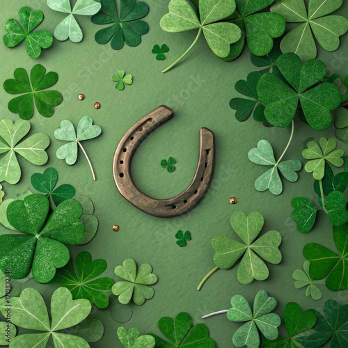 Green Clover and Horseshoe St. Patrick's Day Composition, Flatlay, Lucky Charm St. Patrick's Day, Irish luck