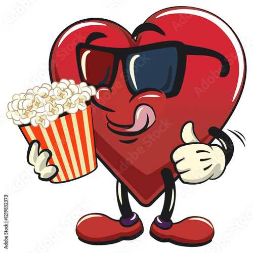 Cute heart vektor illustration mascot character with a bucket of popcorn with wearing 3d glasses, work of hand drawn