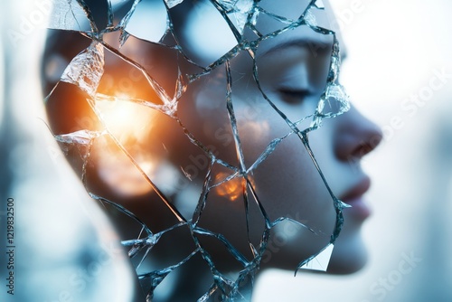 A detailed 3D illustration of a cracked mirror with a person reflection slightly distorted, their posture slouched and their expression filled with guilt and self-doubt photo