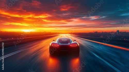 A sleek car speeds towards a vibrant city under a colorful sunset, capturing the adventurous spirit of urban exploration, innovation, and a rush of adrenaline.