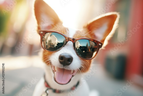 A dog wearing sunglasses, amusing its owner who is taking a picture while laughing heartily