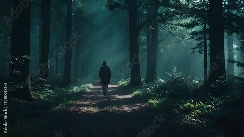 Misty Forest Path with Sunlight Streaming Through Tall Trees Creating a Mysterious Ambiance photo