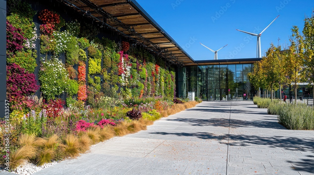 Fototapeta premium Modern building with vibrant green wall and wind turbines.