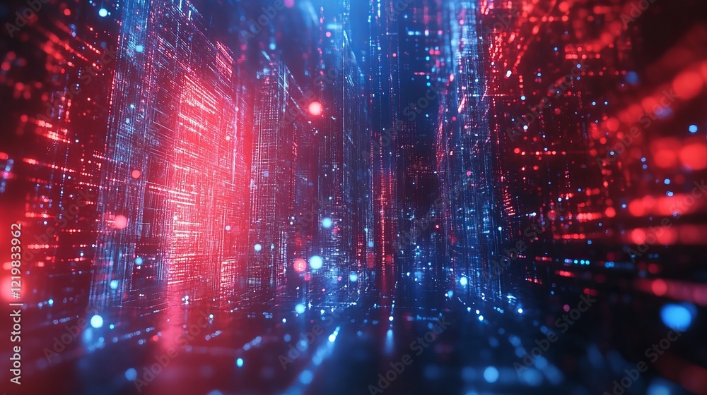 This abstract image illustrates an electric digital space using contrasting blue and red colors to evoke a sense of depth and technological complexity at its core. This abstract image illustrates an electric digital space using contrasting blue and red colors to evoke a sense of depth and technological complexity at its core.