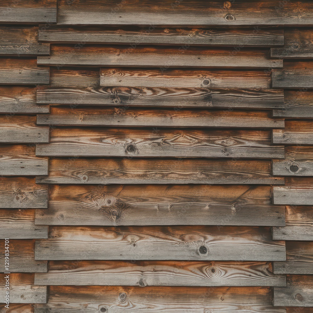 Close-up of weathered wooden planks in various shades of brown and grey, creating a rustic and textured appearance. Close-up of weathered wooden planks in various shades of brown and grey, creating a rustic and textured appearance.