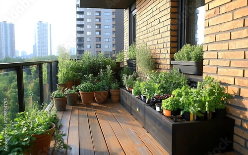 Herb garden on an urban balcony with a variety of potted plants, fresh greenery enhancing the cityscape view, creating a peaceful living environment, highdefinition, 8K photo