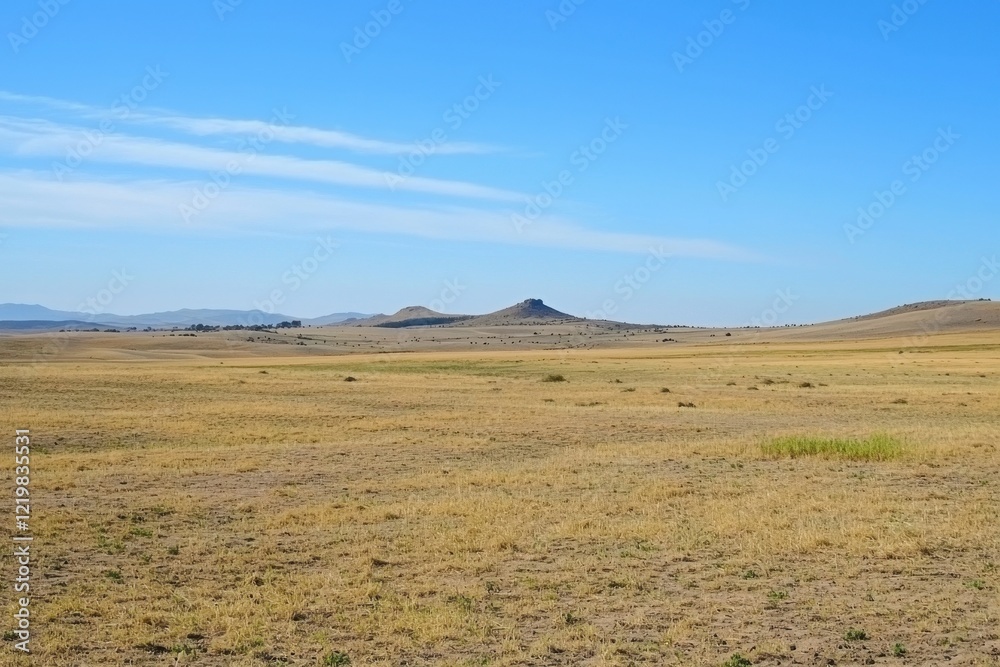 Fototapeta premium A drought affecting agricultural fields, with parched soil and withered crops under a cloudless sky. 