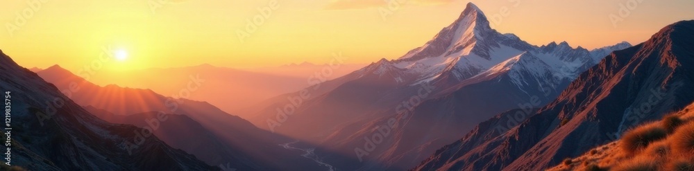 Majestic mountain peaks and rugged terrain bathed in soft golden light of sunrise, serene landscape, wild country, terrain Majestic mountain peaks and rugged terrain bathed in soft golden light of sunrise, serene landscape, wild country, terrain
