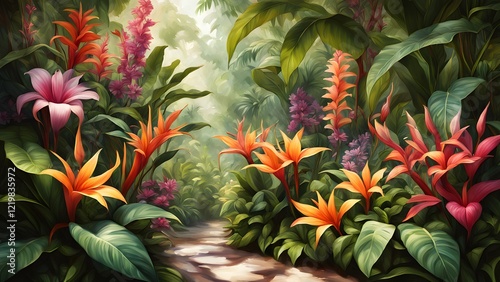 Lush tropical path lined with vibrant orange and pink bird of paradise flowers and lush green foliage.