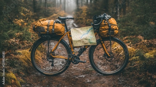 A loaded bicycle with camping gear and a map rests beside a forest trail, symbolizing adventure, exploration, and the spirit of the outdoors. photo