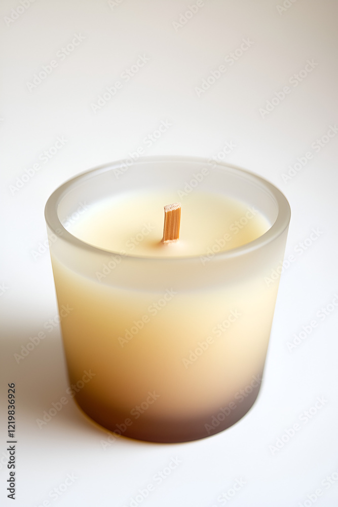 Aromatic candle in a frosted glass container, featuring a light beige wax with a subtle ombre effect transitioning to a darker brown at the base. The wooden wick sits centrally. Aromatic candle in a frosted glass container, featuring a light beige wax with a subtle ombre effect transitioning to a darker brown at the base. The wooden wick sits centrally.