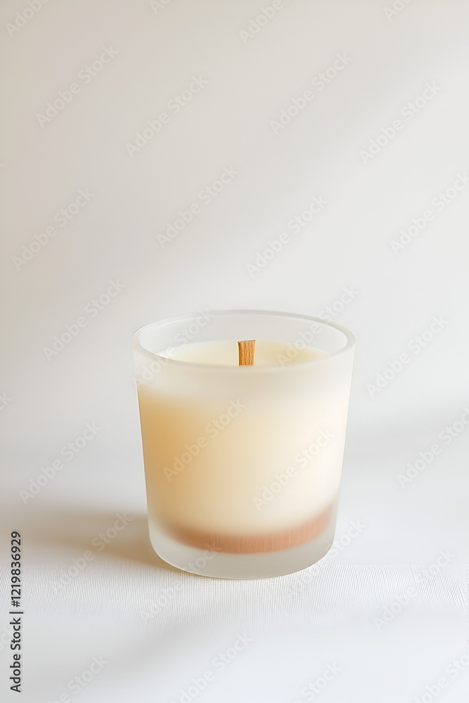 Cream-colored candle in a frosted glass jar with a wooden wick. Perfect for a relaxing atmosphere. Cream-colored candle in a frosted glass jar with a wooden wick. Perfect for a relaxing atmosphere.
