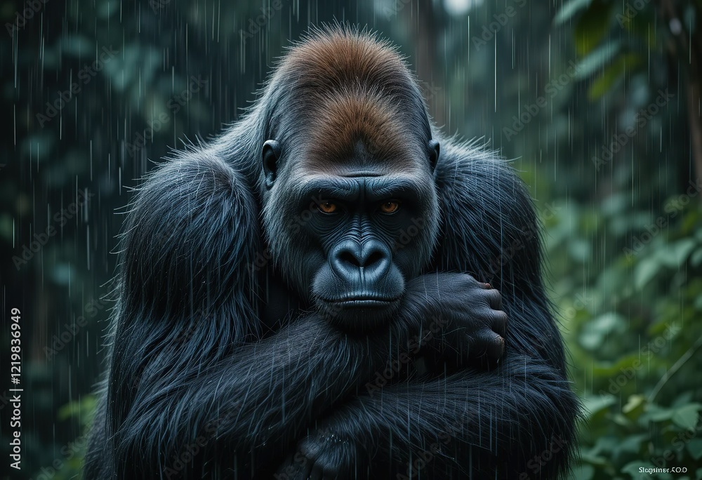 A large western gorilla sits pensively in the rain, its arms crossed, amidst a lush green rainforest background. A large western gorilla sits pensively in the rain, its arms crossed, amidst a lush green rainforest background.