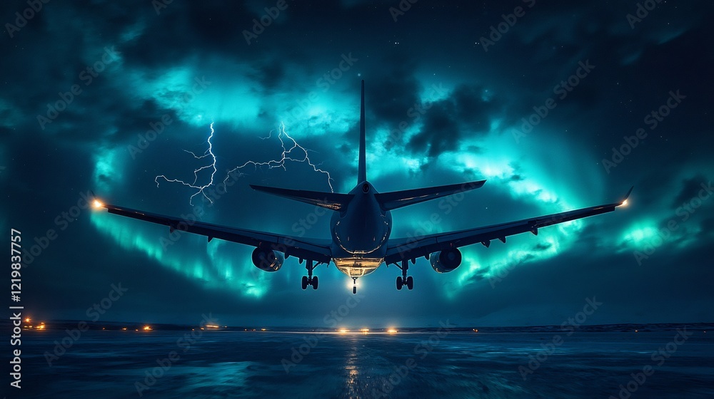 Two airplanes silhouetted against a swirling aurora borealis