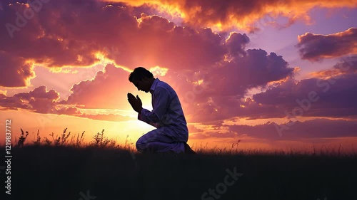 Man kneeling and praying on grass field at sunset, with a dramatic sky and soft lighting creating a serene atmosphere.

