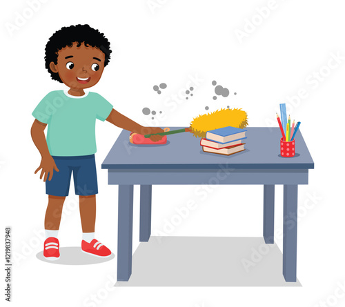 Cute little African boy cleaning table with feather duster