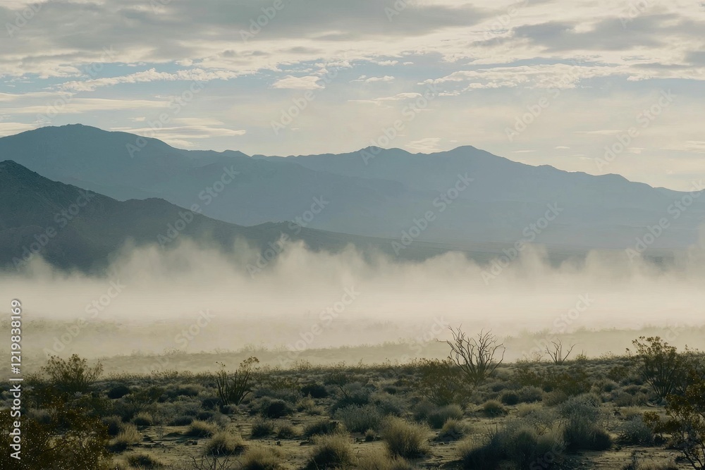 Fototapeta premium A dust storm sweeping across a desert landscape, with sand swirling and reducing visibility.