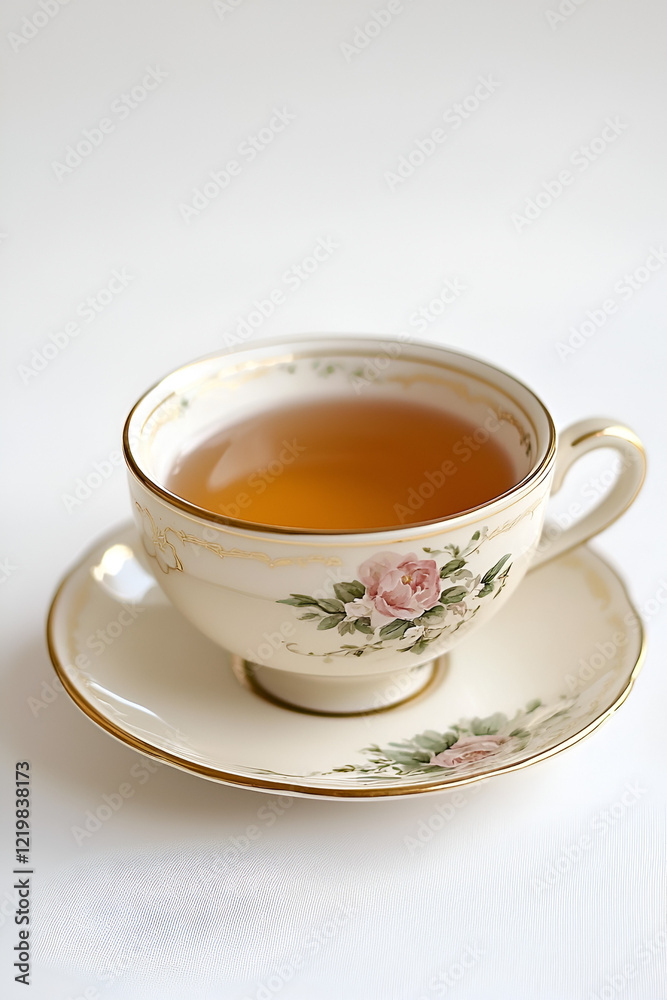 A delicate teacup and saucer with floral design, filled with light brown tea. Perfect for a relaxing afternoon. A delicate teacup and saucer with floral design, filled with light brown tea. Perfect for a relaxing afternoon.